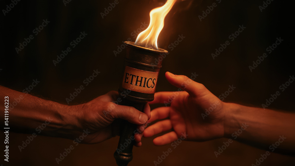 Poster hands passing torch symbolizing importance of ethics to stop corruption and promote integrity in soc