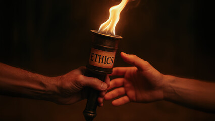 Hands passing torch symbolizing importance of ethics to stop corruption and promote integrity in society