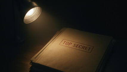 dimly lit scene features stack of files with TOP SECRET label, emphasizing need to stop corruption and protect sensitive information