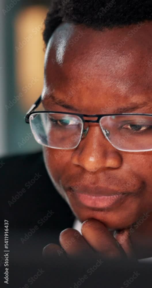 Aufkleber Black man, thinking and night with software developer for AI control, system check or update at office. Businessman, programmer or coding with thoughtful process on technology for UI, UX or new app