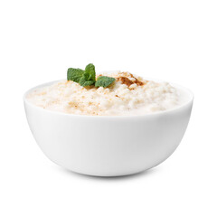 Tasty rice pudding with cinnamon and mint in bowl isolated on white