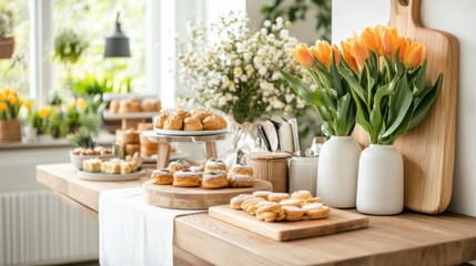 Modern Easter brunch table with vibrant tulip display and sweet spring pastries