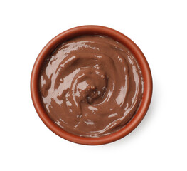 Tasty chocolate pudding isolated on white, top view
