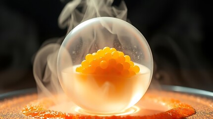Orange caviar in a clear sphere with smoke on a reflective surface