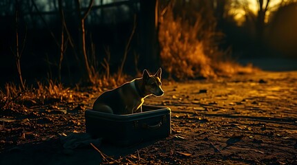 A dog sitting inside a suitcase in a forest during golden hour light