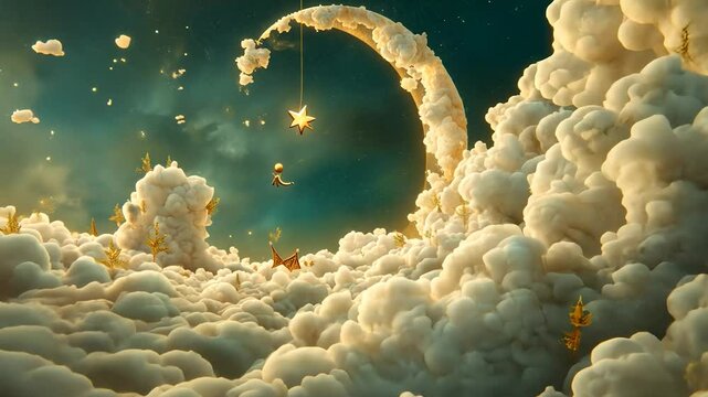 Little Prince dreams amidst clouds, moon, and stars