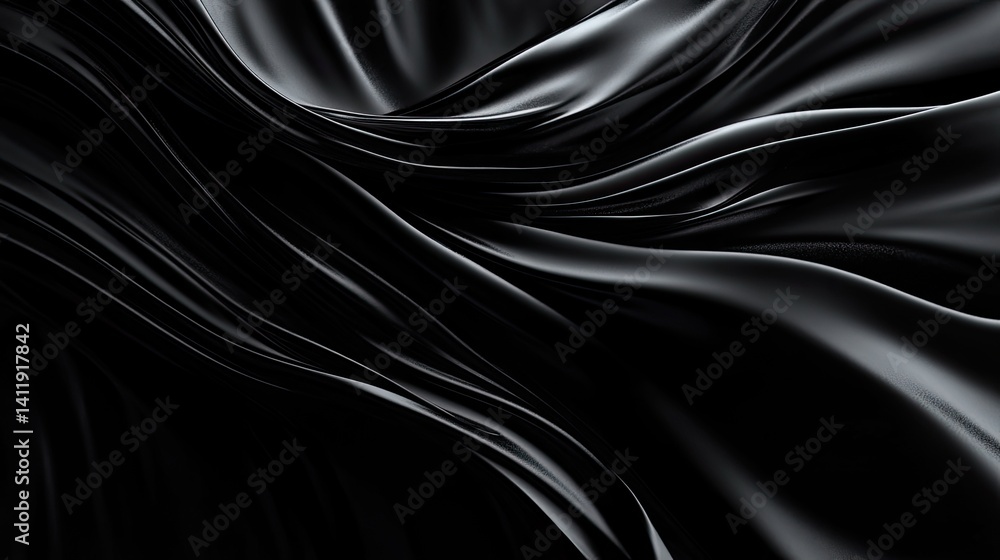 Poster abstract glossy wavy dark folds silk. dynamic reflective surface pattern