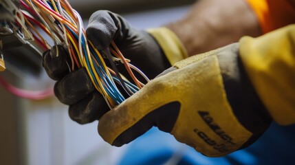 A laborer fixing electrical wiring on a construction site. Featuring focus and technical skills