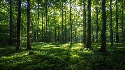 Obraz premium Sunlight streams through the lush canopy of a tranquil deciduous forest creating dd shadows on the vibrant green undergrowth in this serene and realistic nature scene.