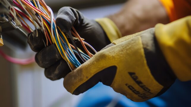 A laborer fixing electrical wiring on a construction site. Featuring focus and technical skills