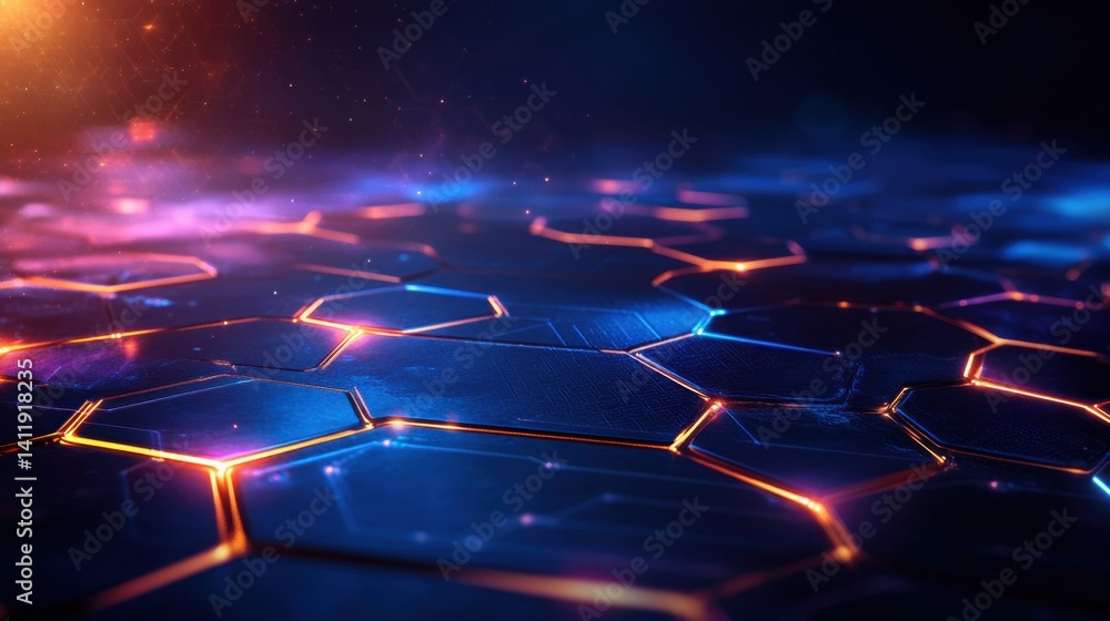 Poster neon-lit futuristic abstract design with glowing hexagons and digital grid patterns in vibrant blues