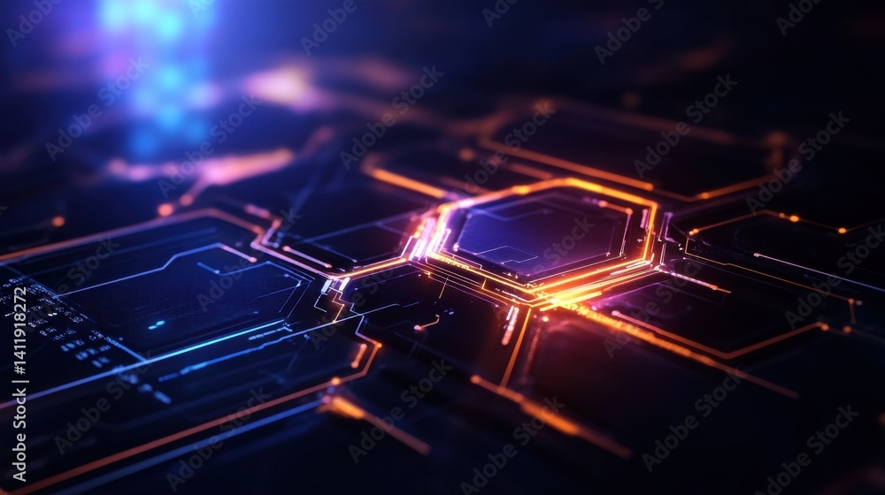 Poster neon-lit futuristic abstract design with glowing hexagons and digital grid patterns in vibrant blues