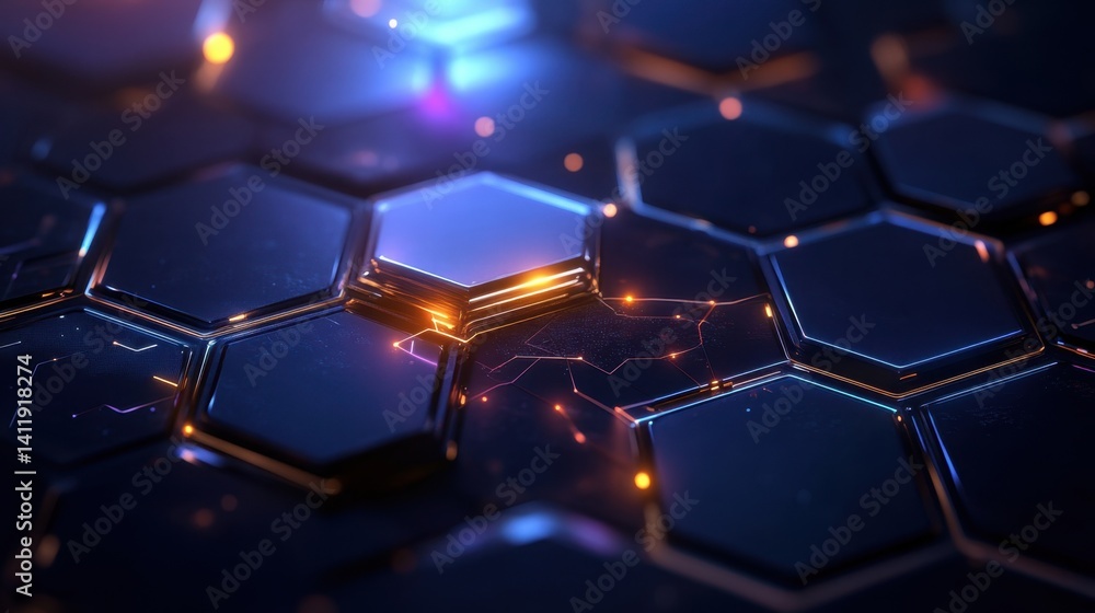 Poster neon-lit futuristic abstract design with glowing hexagons and digital grid patterns in vibrant blues