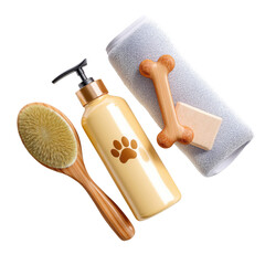 A collection of pet grooming tools includes a wooden brush, a bottle of shampoo with a paw print, a gray towel, and a chew toy. Ideal for keeping pets clean and happy