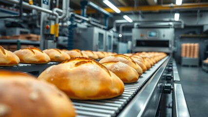 Freshly baked bread loaves move along a modern industrial bakery conveyor belt production line showcasing automated baking process.