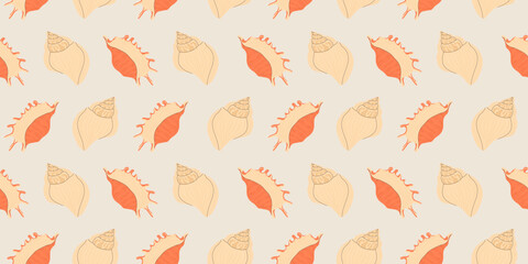 Seamless pattern with bright colorful Sea shells on beige background in modern flat style. Trendy pattern for fabric, textile, wrapping paper, wallpaper, stickers, notebook cover
