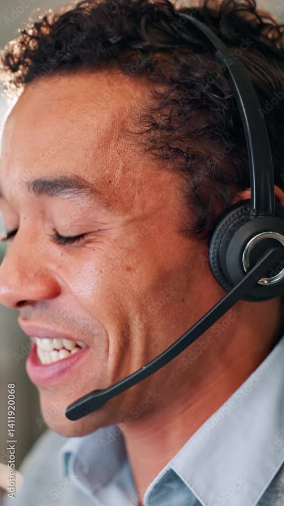 Poster headset, man and customer service in office with smile, communication and online consulting. assista
