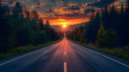 Fototapeta premium Scenic Sunset Road Through Lush Forest Landscape Leading to Horizon