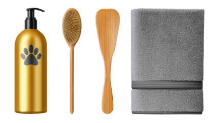 A grooming kit for pets includes a golden shampoo bottle, a wooden brush, a spatula for applying products, and a soft gray towel. Perfect for a home spa day for dogs