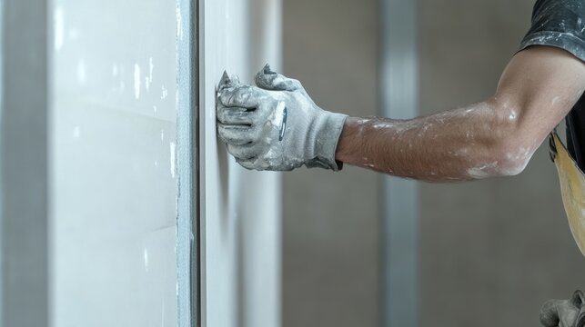 A laborer installing drywall in a building under construction. Featuring accuracy and skill