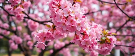 Obraz premium Intensely pink cherry blossoms, close-up view in park, floral design, sweet