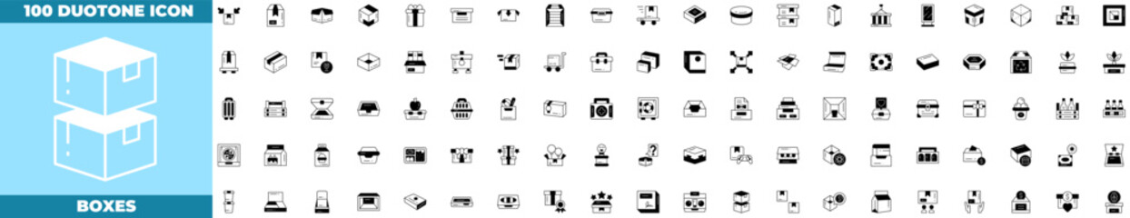 Boxes Duotone Editable Icons set. Vector illustration in modern thin duotone style of boxes icons: parcel, delivery, box, etc
