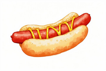 watercolor painting of hot dog in bun with mustard on white background. concept of food art, fast food, snack.