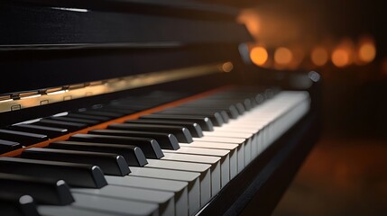 Close-up piano keys in dark room with fireplace bokeh