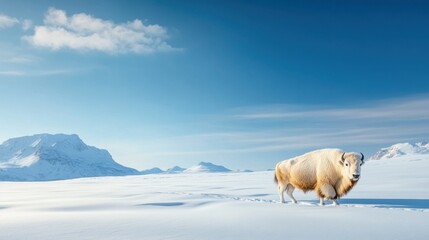 Naklejka premium Peaceful winter morning featuring white bison against a soft blue snowy horizon