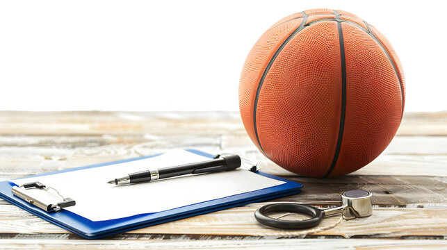 Professional Basketball Coaching Tools - Whistle, Clipboard & Ball Image
