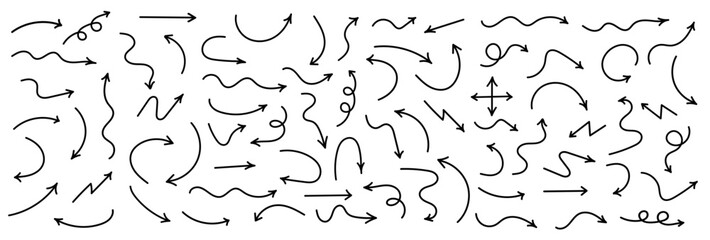 Arrow icons. Hand drawn arrows. Set arrows isolated on white background. Arrow mark icons. Vector illustration