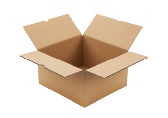 Open brown cardboard box on a transparent background