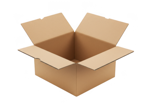 Open brown cardboard box on a transparent background