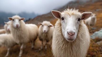 Naklejka premium Herd of sheep on mountain farm close up. Animal photography