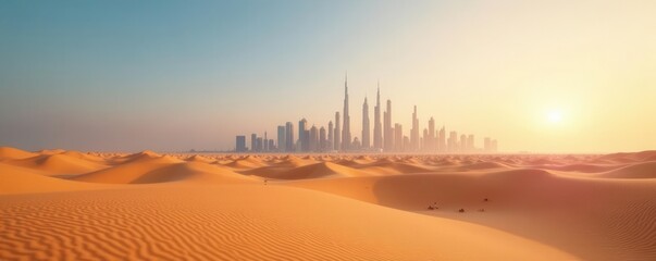 Dubai desert expanse, modern skyline backdrop, buildings, day
