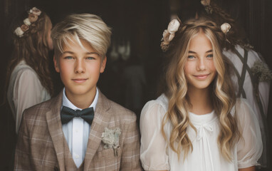 Teenagers leaving church after confirmation ceremony, dressed formally and surrounded by family and joyful atmosphere