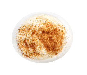 Delicious rice pudding with cinnamon in bowl isolated on white, top view