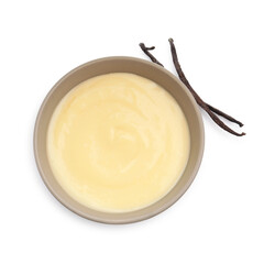 Tasty vanilla pudding in bowl and pods isolated on white, top view