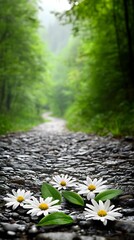 Nature scene with daisies on a serene pathway in a forest photography peaceful environment