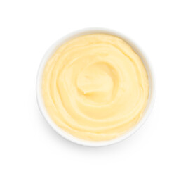 Tasty vanilla pudding in bowl isolated on white, top view
