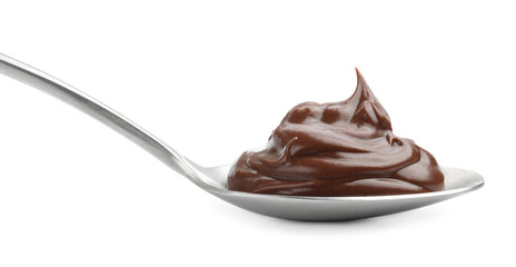 Tasty chocolate pudding in spoon isolated on white