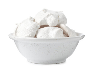 Delicious homemade meringue cookies in bowl isolated on white