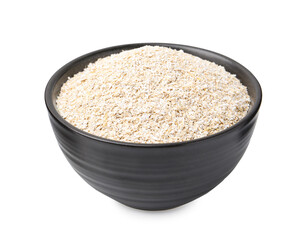 Superfood product. Oat powder in bowl isolated on white