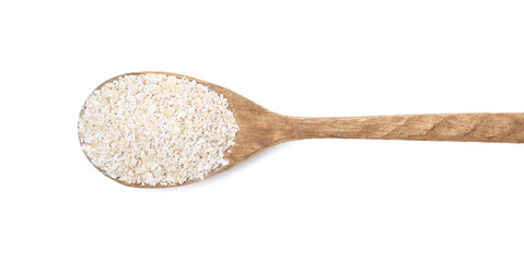 Superfood product. Oat powder in spoon isolated on white, top view