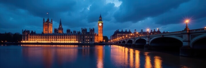 Fototapeta premium Dusk illuminates the Houses of Parliament and bridge Dark blue sky contrasts with warm lights , sunset, towers