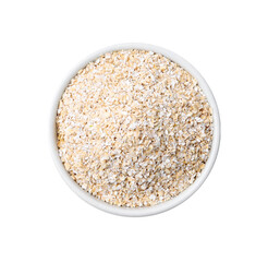Superfood product. Oat powder in bowl isolated on white, top view