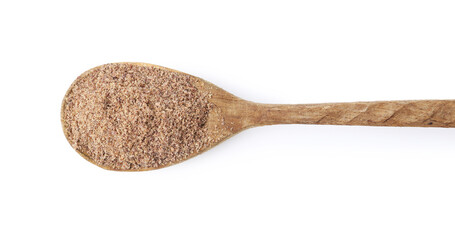 Superfood product. Flaxseed powder in spoon isolated on white, top view
