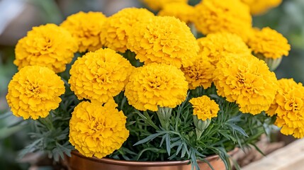 Vibrant yellow marigold blooms in a pot