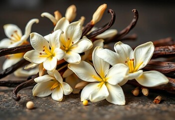 Fototapeta premium Intricate vanilla flower blossoms and aromatic cured vanilla sticks, plant, tropical