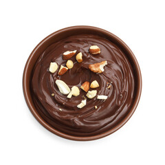 Delicious chocolate pudding with nuts in bowl isolated on white, top view